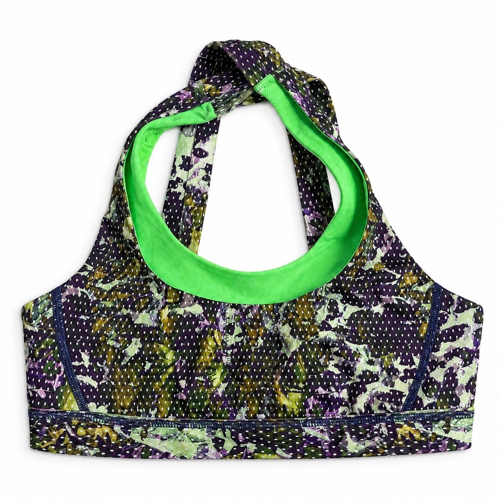 Lululemon Sports Bra Womens Size 6 Purple Green Floral Abstract Mesh Crossback